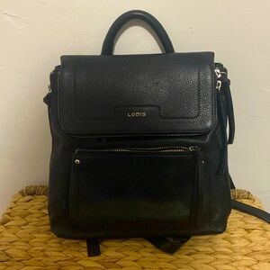 LODIS Black Pebbled Leather Backpack Chunky Gold-tone Zippers